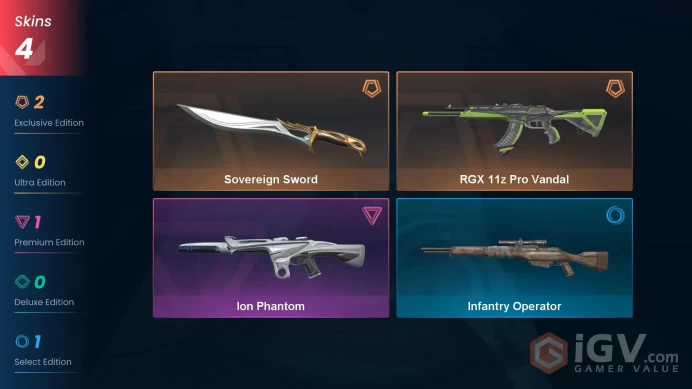 NA | 4 Skins | Diamond | Level 43 | VP Value 8375 | Sovereign Sword | RGX 11z Pro Vandal | Ion Phantom | Full Access | Full Details Below!