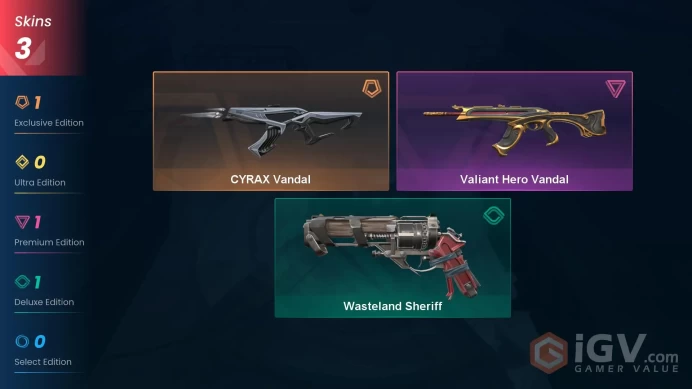 NA | 3 Skins | Diamond | Level 36 | VP Value 5225 | CYRAX Vandal | Valiant Hero Vandal | Wasteland Sheriff |