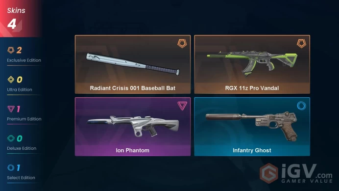 NA | 4 Skins | Silver 3 | Level 34 | Value VP 8375 | Radiant Crisis 001 Baseball Bat | RGX 11z Pro Vandal | Ion Phantom | Buddies 25 | Full Deta