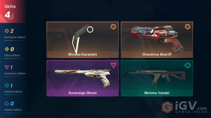 NA | 4 Skins | Minima bundle | Silver 3 | Level 29 | Value VP 8775 | Overdrive Sheriff | Sovereign Ghost | Buddies 20 | Agent 5 | Full Details B