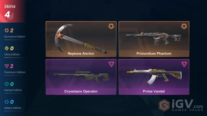 NA | 4 Skins | Silver 3 | Level 31 | Value VP 9275 | Neptune Anchor | Primordium Phantom | Prime Vandal | Agent 11 | Buddies 18 | Full Details B