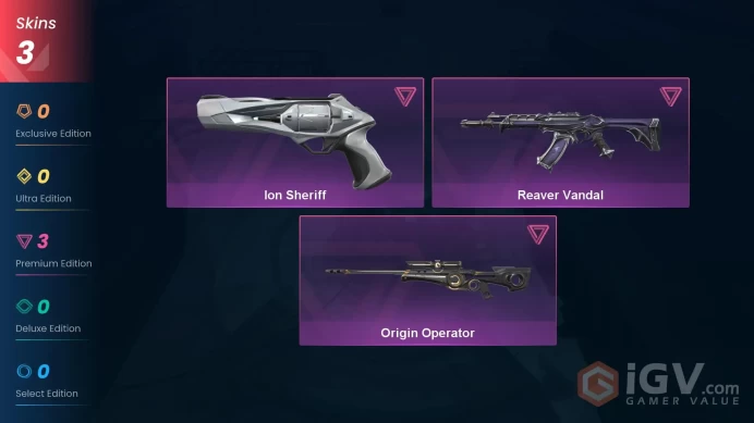 NA | 3 Skins | Platinum | VP Value 5325 | Reaver Vandal | Ion Sheriff | Origin Operator | Level 42 | 9 Agents | 