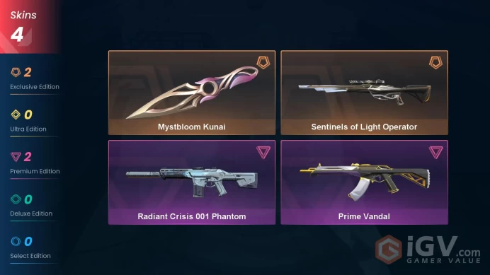 NA | 4 Skins | Gold | Mystbloom Kunai | Prime Vandal | Sentinels of Light Operator | Radiant Crisis 001 Phantom | Buddies 7 | Level 15 | Full De