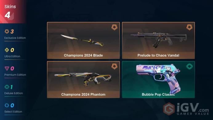NA | 4 skins | Champions 2024 bundle | Gold 2 | Level 43 | VP Value: 10200 | Prelude to Chaos Vandal | Bubble Pop Classic | Buddies 37 | Full De