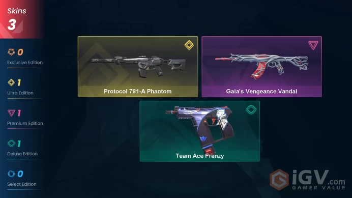 NA | 3 Skins | Gold | Level 28 | VP 5525 | 19 Buddies | Protocol 781-A Phantom | Gaia's Vengeance Vandal | Team Ace Frenzy | 