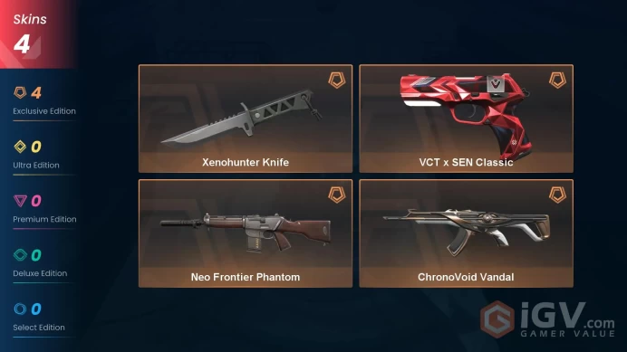 NA | 4 Skins | Platinum | Xenohunter Knife | VCT x SEN Classic | Neo Frontier Phantom | ChronoVoid Vandal | Level 31 | Full Access | Full Detail