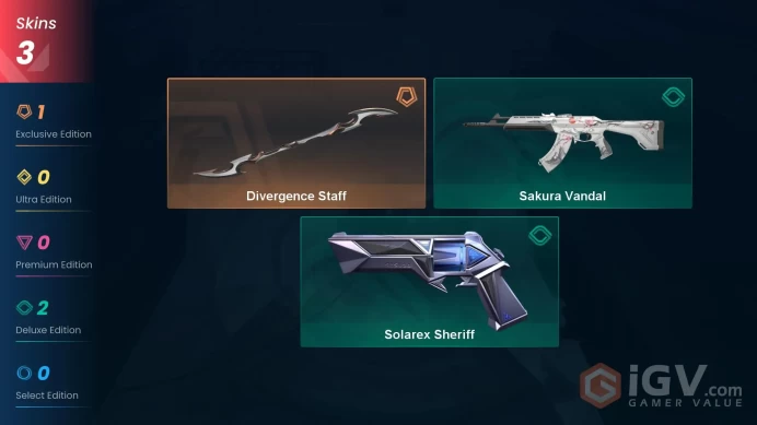 NA | 3 Skins | Silver 3 | Level 33 | Value VP 5625 | Divergence Staff | Sakura Vandal | Solarex Sheriff | Buddies 21 | Agent 7 | Card 15 | 