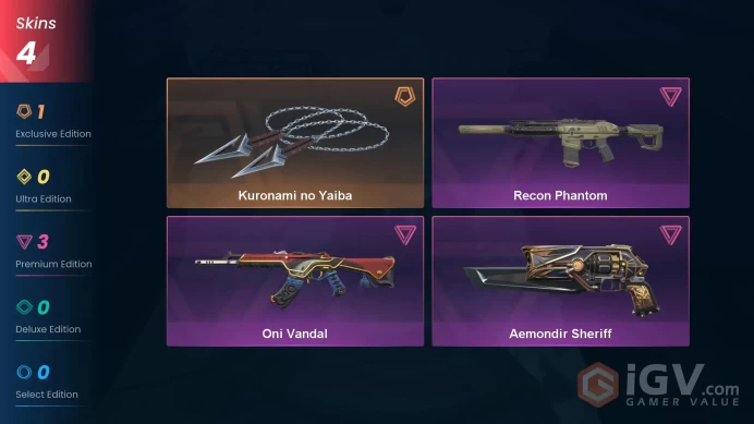 NA | 4 Skins | Gold | Kuronami no Yaiba | Oni Vandal | Aemondir Sheriff | Recon Ghost | Agent 5 | Level 37 | Buddies 24 | Full Access | Full Det