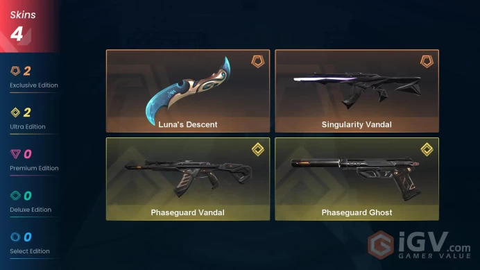 NA | 4 Skins | Platinum | Level 38 | Luna's Descent | Phaseguard Ghost | Phaseguard Vandal | Singularity Vandal | Full Access | Full Details Bel