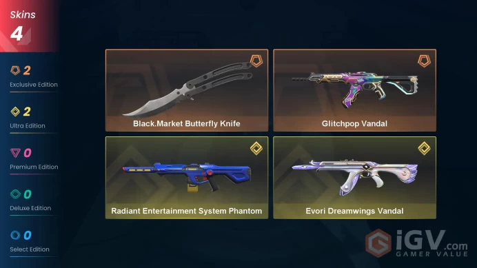 NA | 4 Skins | Gold 2 | Level 47 | Black.Market Butterfly Knife | Radiant Entertainment System Phantom | Glitchpop Vandal | Buddies 29 | Full De