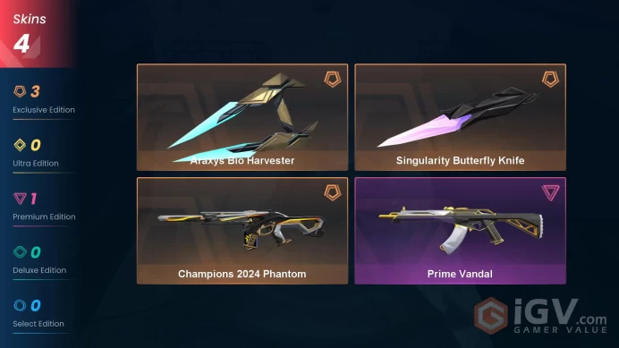 NA | 4 Skins | Platinum | Singularity Butterfly Knife | Araxys Bio Harvester | Champions 2024 Phantom | Prime Vandal | Level 35 | Full Details B