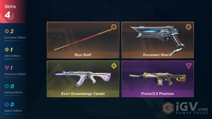 NA | 4 skins | Diamond 1 | Level 43 | VP Value: 10975 | Ruyi Staff | Evori Dreamwings Vandal | Kuronami Sheriff | Agent 9 | Buddies 26 | Full De