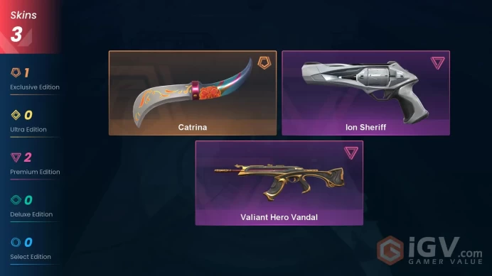 NA | 3 Skins | Gold 1 | Level 24 | Value Vp 6100 | Buddies 23 | Agent 3 | Catrina| Ion Sheriff | Valiant Hero Vandal | Full Access | Full Detail