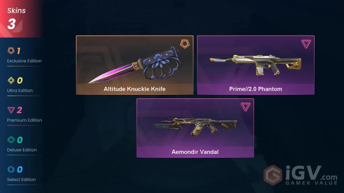 NA | 3 Skins | Gold | Altitude Knuckle Knife | Aemondir Vandal | Prime//2.0 Phantom | Agent 8 | Buddies 19 | Level 32 | Full Access| Full Detail