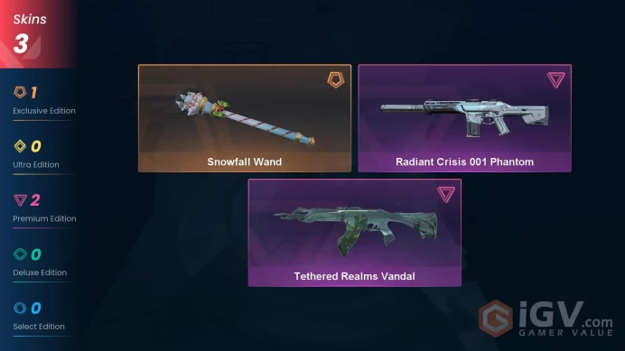 NA | 3 Skins | Platinum | Snowfall Wand | Tethered Realms Vandal | Radiant Crisis 001 Phantom | Level 41 | Full Access | Instant Delivery 