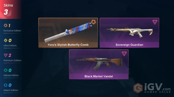 NA | 3 Skins | Silver 2 | Level 38 | Value VP 7100 | Yoru's Stylish Butterfly Comb | Black.Market Vandal | Sovereign Guardian | Full Details