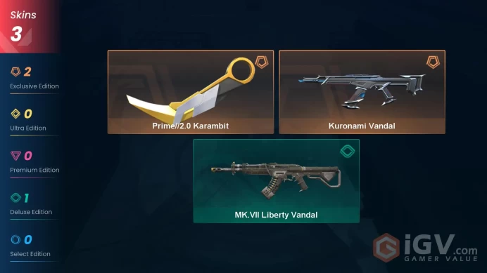 NA | 3 Skins | Platinum | Prime//2.0 Karambit | Kuronami Vandal | MK.VII Liberty Vandal | Level 55 | Full Access | Full Details Below!