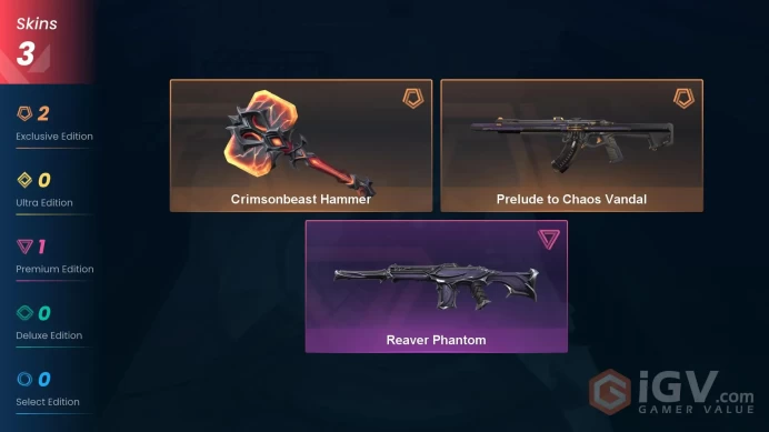 NA | 3 skins | Diamond 1 | Level 28 | VP Value: 7500 | Crimsonbeast Hammer | Prelude to Chaos Vandal | Reaver Phantom | Buddies 10 | Full Detail