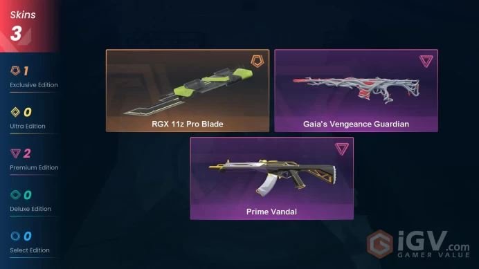 NA | 3 Skins | Gold | VP Value 7900 | RGX 11z Pro Blade | Prime Vandal | Gaia's Vengeance Guardian | Level 34 | Full Access | Full Details Below