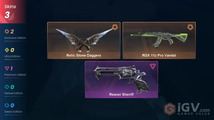 NA | 3 Skins | Platinum | Level 26 | Relic Stone Daggers | RGX 11z Pro Vandal | Reaver Sheriff | Full Access | Full Access | Full Details Below!