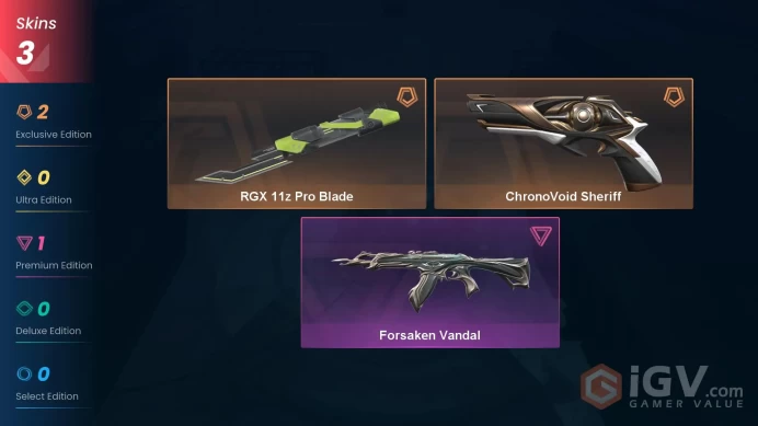 NA | 3 Skins | Silver 3 | Level 30 | Value VP 8300 | RGX 11z Pro Blade | ChronoVoid Sheriff | Forsaken Vandal | Full Details Below!