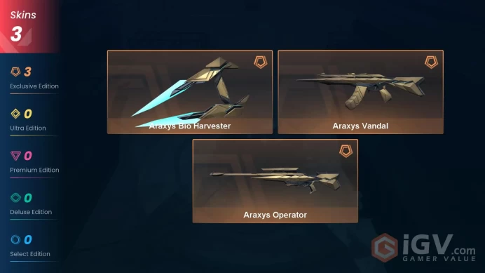 NA | 3 Skins | Silver 3 | Level 32 | Value VP 8700 | Araxys Bio Harvester | Araxys Vandal | Araxys Operator | Full Access | Full Details Below!
