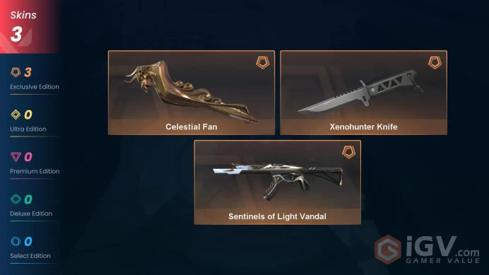 NA | 3 Skins | Platinum | Level 45 | Xenohunter Knife | Celestial Fan | Sentinels of Light Vandal | Full Access | Instant Delivery | Full Detail