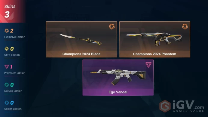 NA | 3 Skins | Gold 1 | Level 24 | Value VP 9800 | Buddies 12 | Champions 2024 Bundle | Ego Vandal | Full Access | Full Details Below!