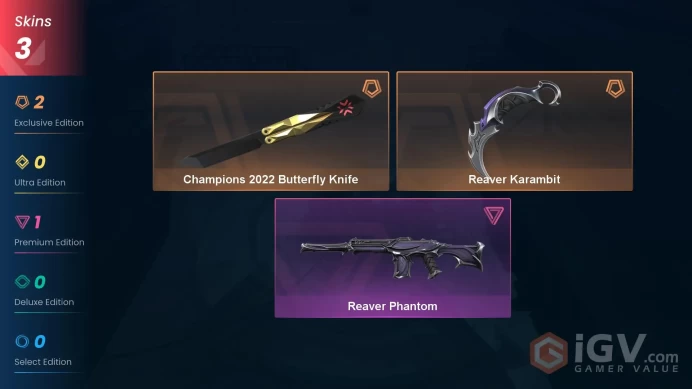 NA | 3 Skins | Silver | VP Value 11475 | Champions 2022 Butterfly Knife | Reaver Karambit | Reaver Phantom | Level 24 | Full Access 