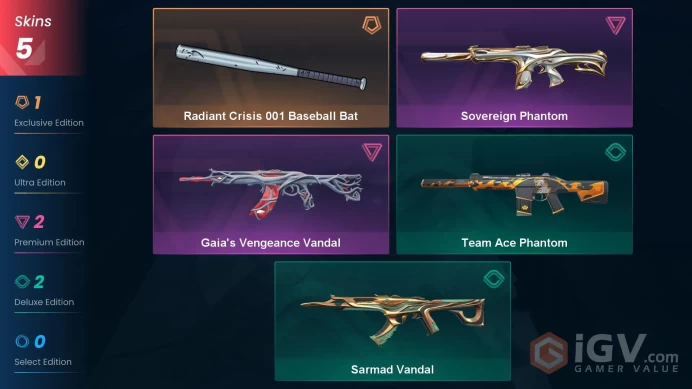 NA | 5 Skins | Diamond | Level 57 | VP Value 9650 | Radiant Crisis Baseball Bat | Sovereign Phantom | Gaia Vengeance Vandal | Full Access