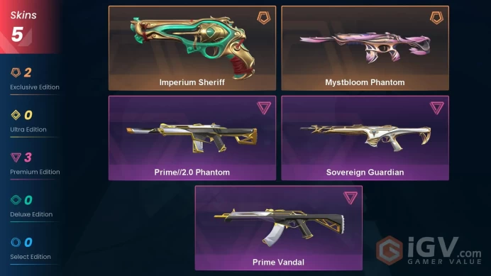 NA | 5 Skins | Platinum | Level 55 | Mystbloom Phantom | Imperium Sheriff | Prime Vandal | Sovereign Guardian | Full Access | Full Access