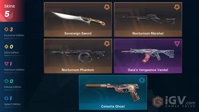 NA | 5 Skins | Silver 2 | Level 53 | VP Value 9675 | Sovereign Sword | Nocturnum Phantom | Gaia's Vengeance Vandal | Full Details Below