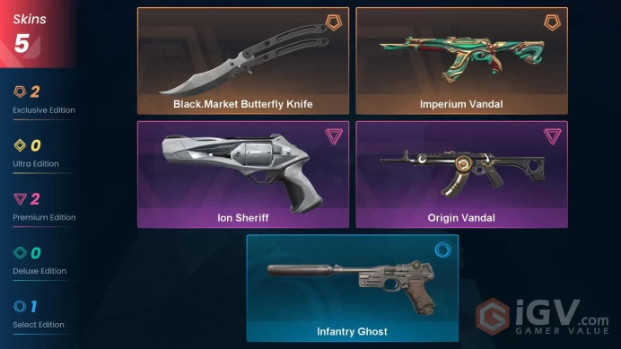 NA | 5 skins | Diamond 1 | Level 43 | VP Value: 10150 | Black.Market Butterfly Knife | Imperium Vandal | Origin Vandal | Full Details Below