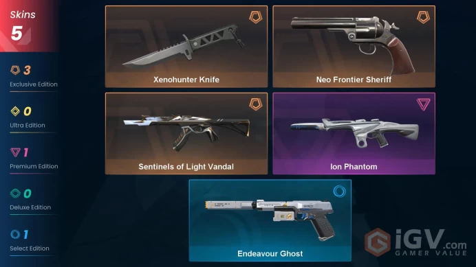 NA | 5 Skins | Platinum | Level 34 | enohunter Knife | Araxys Vandal | Neo Frontier Sheriff | Sentinels of Light Vandal | Full Access 