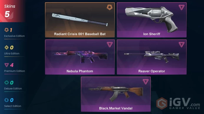 NA | 5 Skins | Silver 3 | Value VP 10650 | Radiant Crisis 001 Baseball Bat | Ion Sheriff | Reaver Operator | Battlepasses 1 | Full Details Below