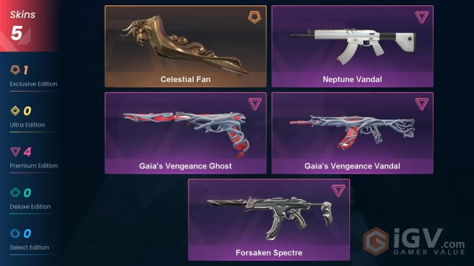 NA | 5 Skins | Platinum | Celestial Fan | Gaia's Vengeance Vandal | Neptune Vandal | Forsaken Spectre | Level 70 | Full Access | Full Details