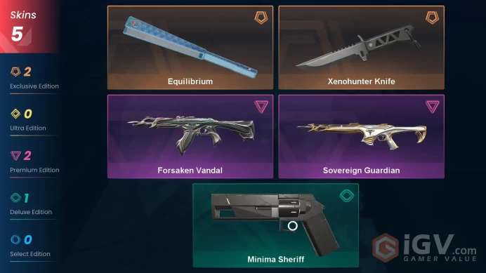 NA | 5 Skin | Gold | Level 65| Xenohunter Knife| Equilibrium | Forsaken Vandal| Sovereign Guardian | Full Access | Full Details Below!
