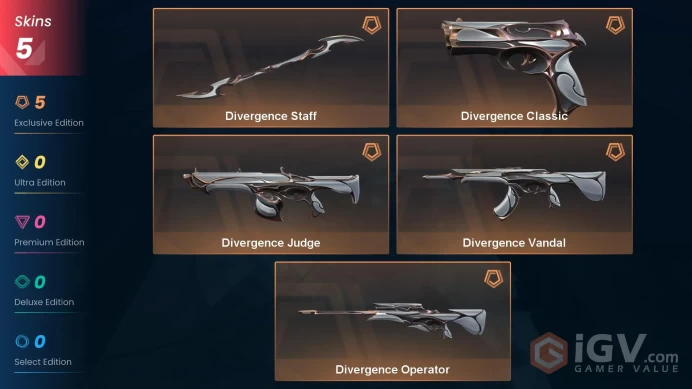 NA | 5 Skins | Bronze | Divergence Bundle | VP Value 13050 | Buddies 23 | Agent 5 | level 26 | 