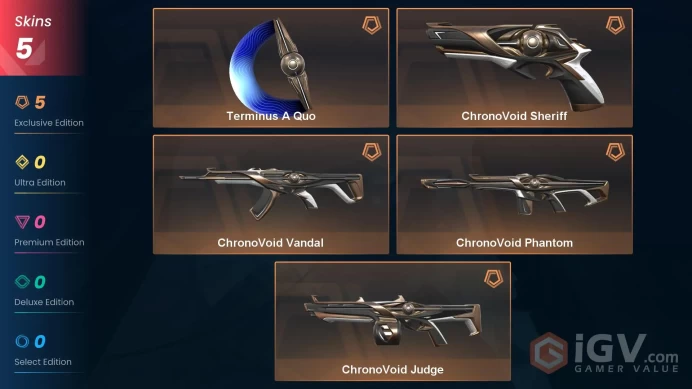 NA | 5 Skins | ChronoVoid Bundle | Gold 2 | Level 34 | Value VP 13050 | Terminus A Quo | ChronoVoid Vandal | Buddies 22 | 