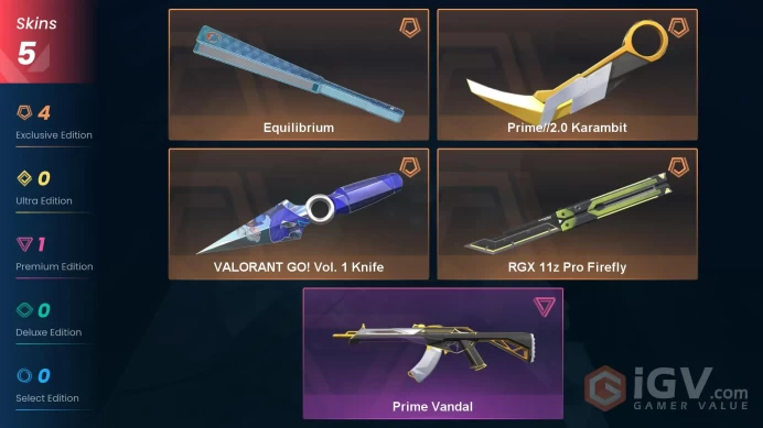 NA | 5 Skins | Prime Bundle | Silver 3 | Level 31 | Value VP 15775 | RGX 11z Pro Firefly | VALORANT GO! Vol. 1 Knife | Buddies 22 |