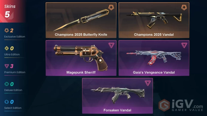 NA | 5 Skins | Platinum | Champions 2025 Bundle | Gaia's Vengeance Vandal | Magepunk Sheriff | Buddies 17 | Level 25 | 