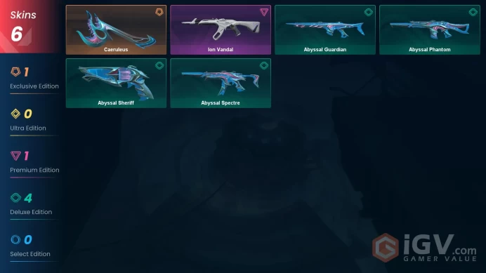 NA | 6 skins | Bronze 3 | Level 30 | VP Value: 9425 | Caeruleus| Ion Vandal | Abyssal Bundle | Agent 4 | Card 15 | Buddies 14 | Full Details Bel