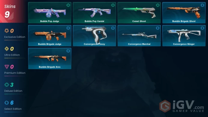 NA | 9 Skins | Silver | VP Value 1000 | Comet Ghost | Bubble Pop Judge | Bubble Pop Vandal | Level 43 | 1 Battlepass | 