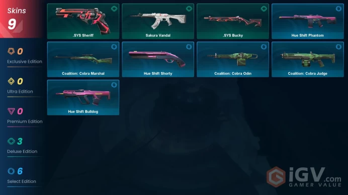 NA | 9 skins | 1 Battlepass | Gold 2 | Level 31 | VP Value: 2275 | Sakura Vandal | Hue Shift Phantom | Coalition: Cobra Marshal | Buddies 31|