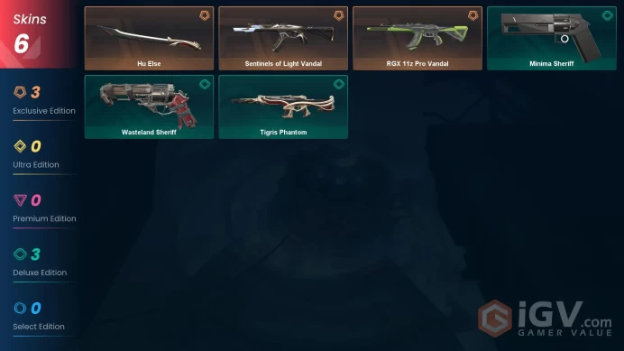NA | 6 skins | Bronze 3 | Level 38 | VP Value: 10725 | Hu Else | Sentinels of Light Vandal | RGX 11z Pro Vandal | Agent 6 | Buddies 31 | Full De