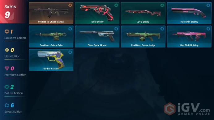 NA | 9 Skins | Platinum | 1 Battlepasses | Prelude to Chaos Vandal | Fiber Optic Ghost | Agent 13 | Buddies 41 | Level 50 | 