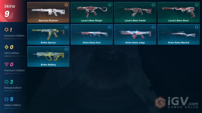 NA | 9 Skins | Diamond | Level 30 | VP Value 3675 | Spectrum Phantom | Lycan's Bane Vandal | Lycan's Bane Ghost | 