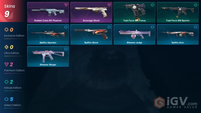 NA | 9 Skins | Silver | VP Value 4550 | Sovereign Ghost | Radiant Crisis 001 Phantom | Level 21 | 1 Battlepass | 