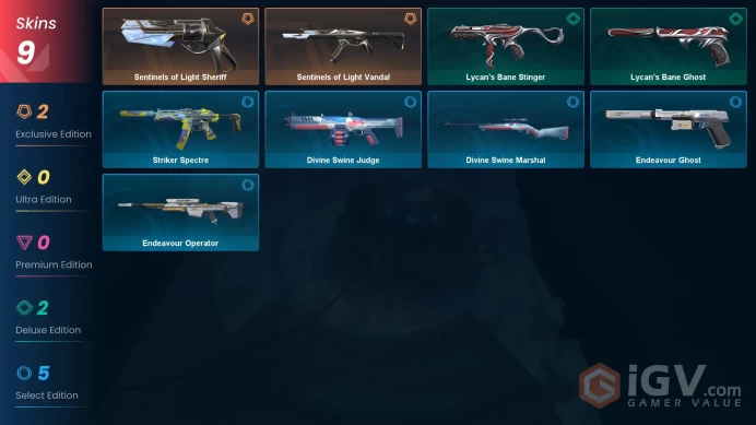NA | 9 Skins | Platinum | 1 Battlepasses | Sentinels of Light Vandal | Endeavour Operator | Endeavour Ghost | Level 26 | 