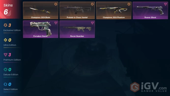 NA | 6 Skins | Gold | VP Value 15525 | Champions 2024 Bundle | Prelude Chaos Vandal | Recon Guardian | Level 35 | 9 Agents | Full Access | Full